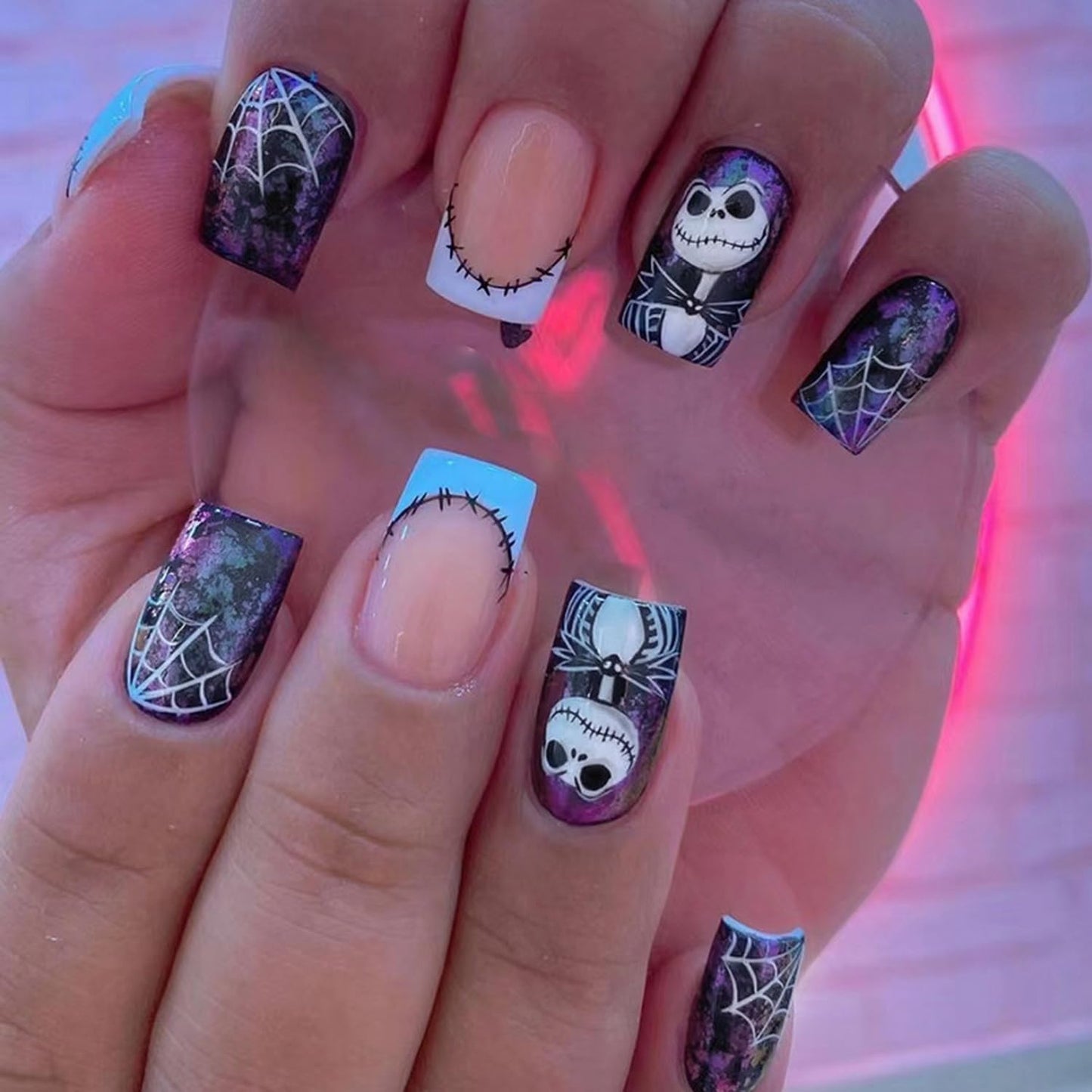 Halloween Spider Web Square French Tip Press Nails