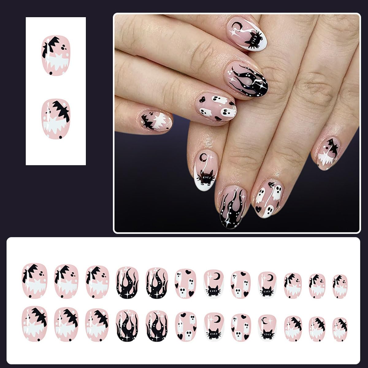 Halloween Short Almond Press On Nails Black Flame