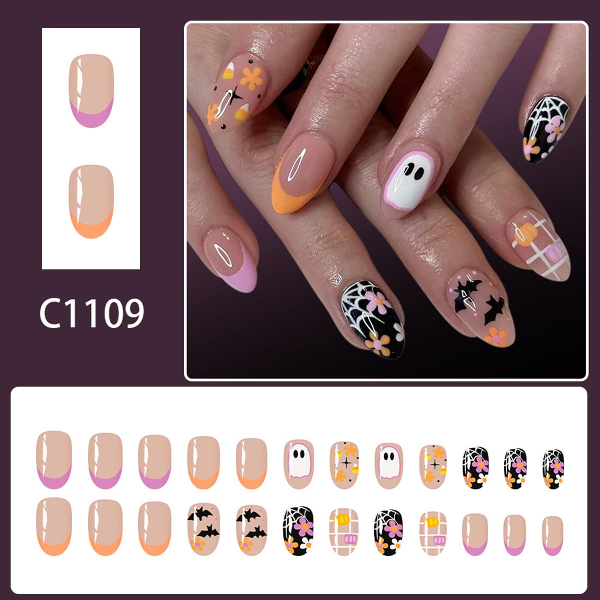 Halloween Ghost Bat Cobweb Almond Press On Nails