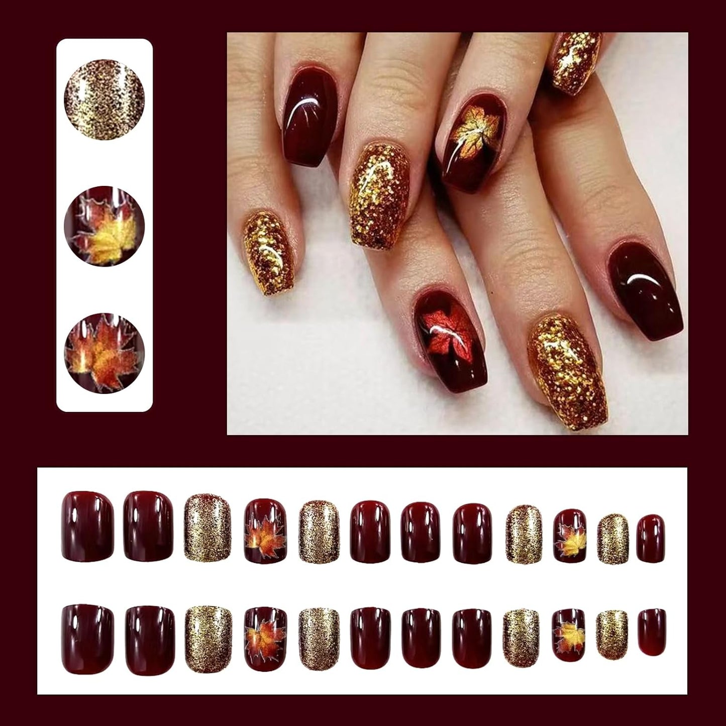 Wine Red Gold Maple Leaf Fall Press Nails