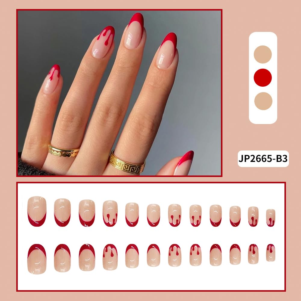 Halloween Red Blood French Tip Almond Press Nails