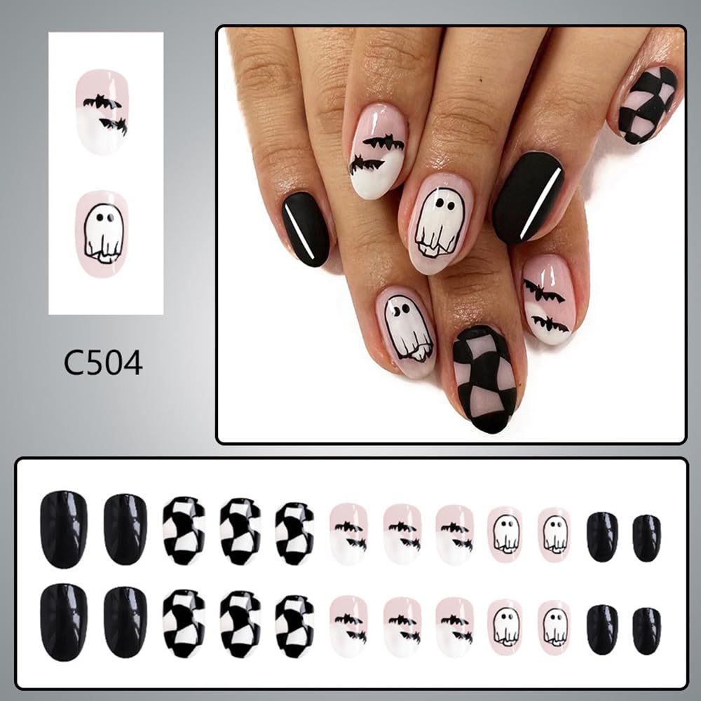 Halloween Ghost Bat Almond Press On False Nails
