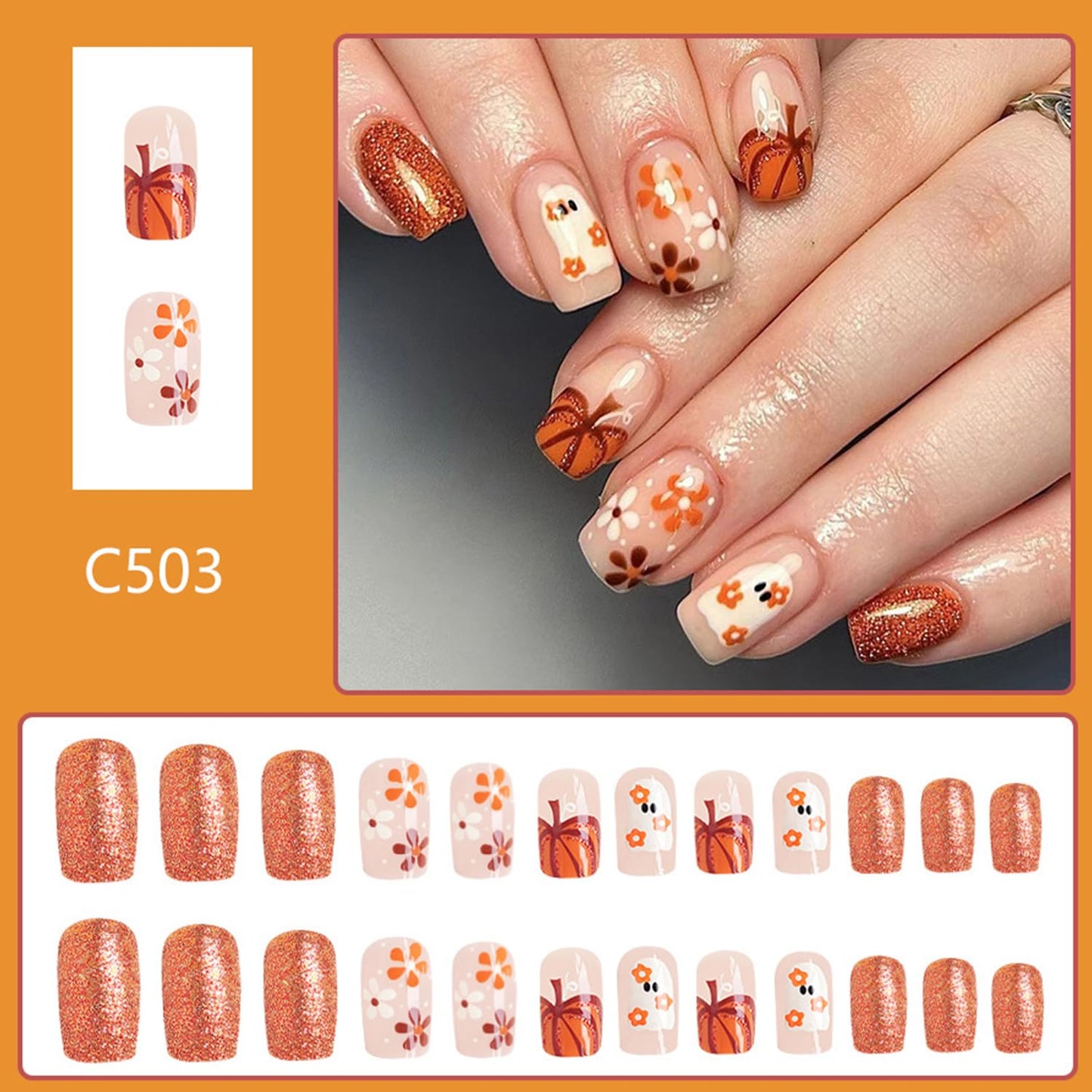 Medium Halloween Ghost Pumpkin Glitter Press On Nails
