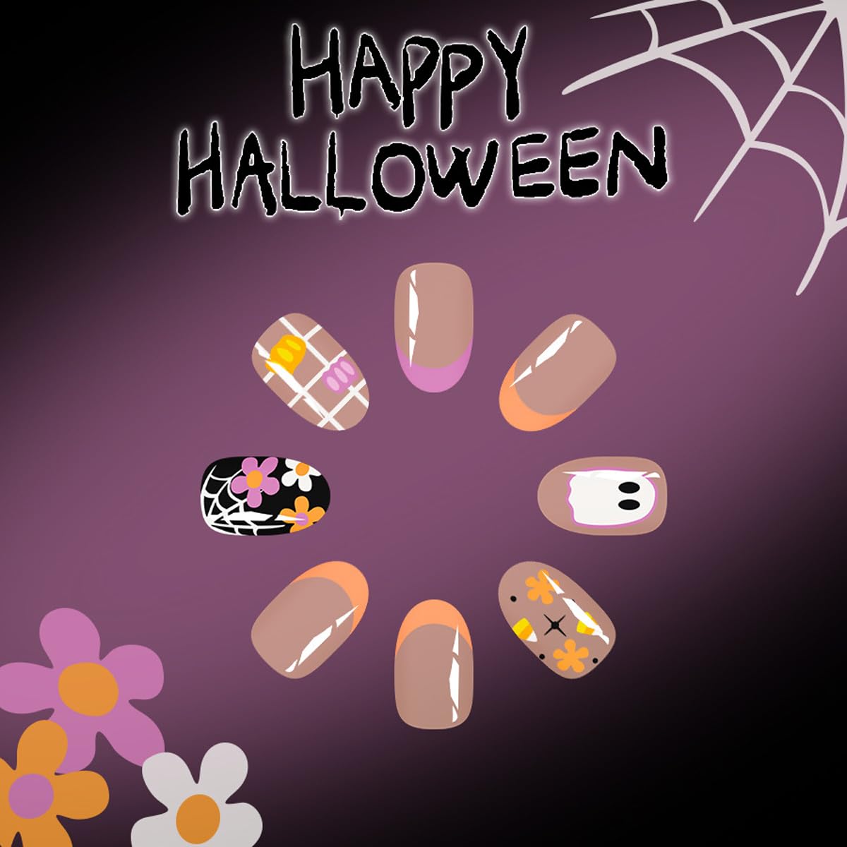 Halloween Ghost Bat Cobweb Almond Press On Nails