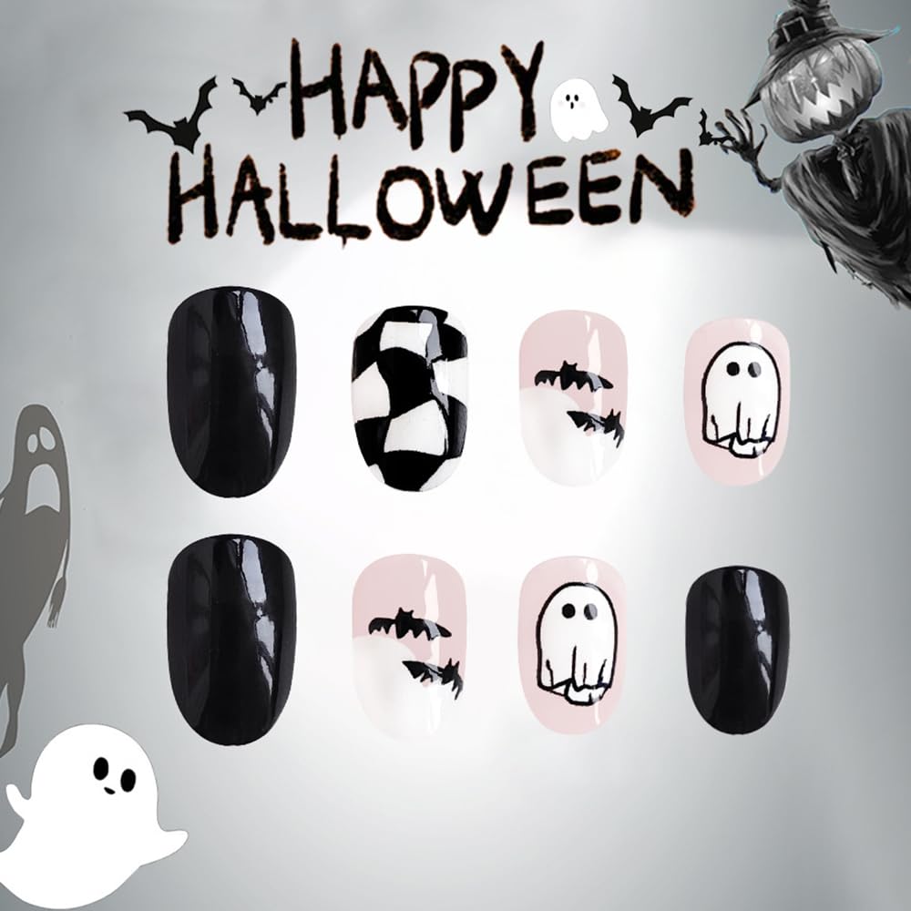 Halloween Ghost Bat Almond Press On False Nails