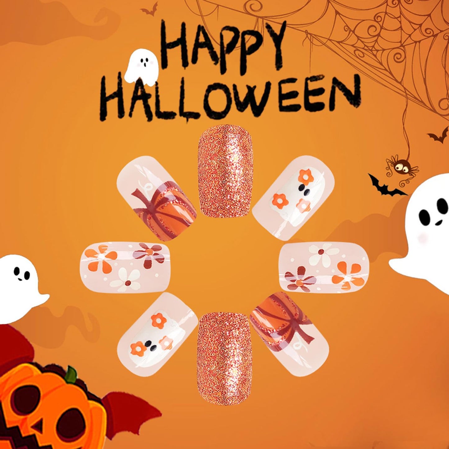 Medium Halloween Ghost Pumpkin Glitter Press On Nails