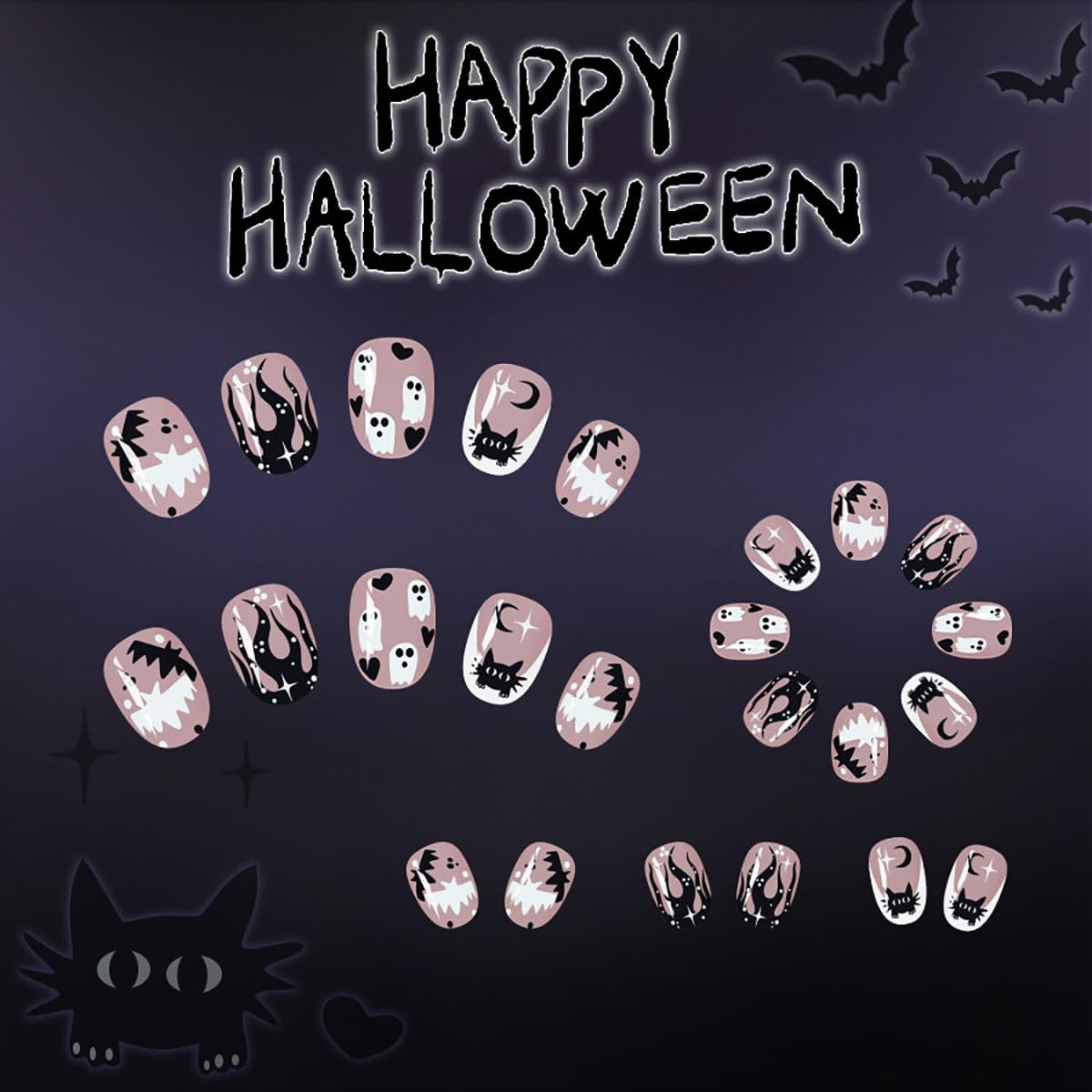 Halloween Short Almond Press On Nails Black Flame
