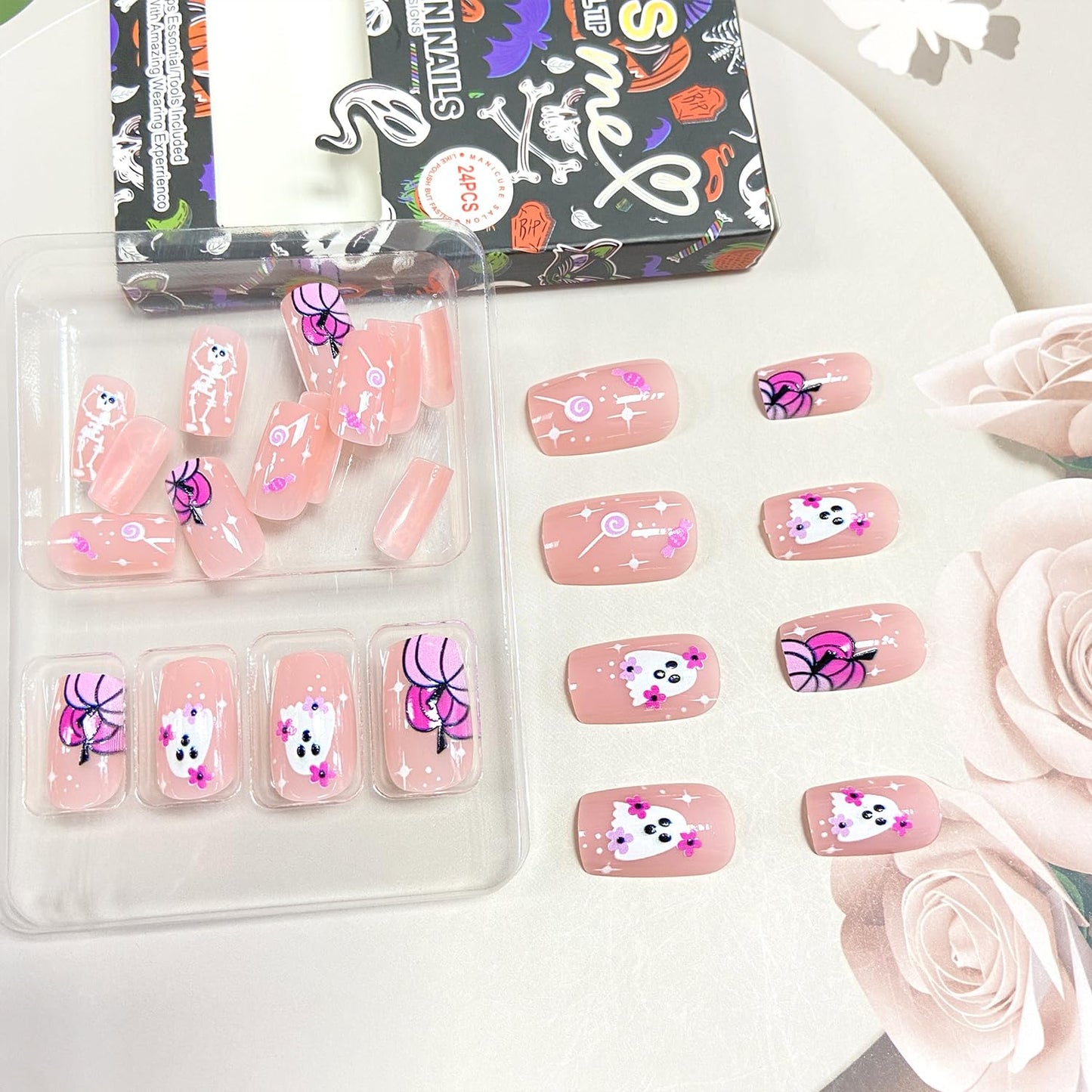 Cute Halloween Press On Nails Skull Ghost Pumpkin