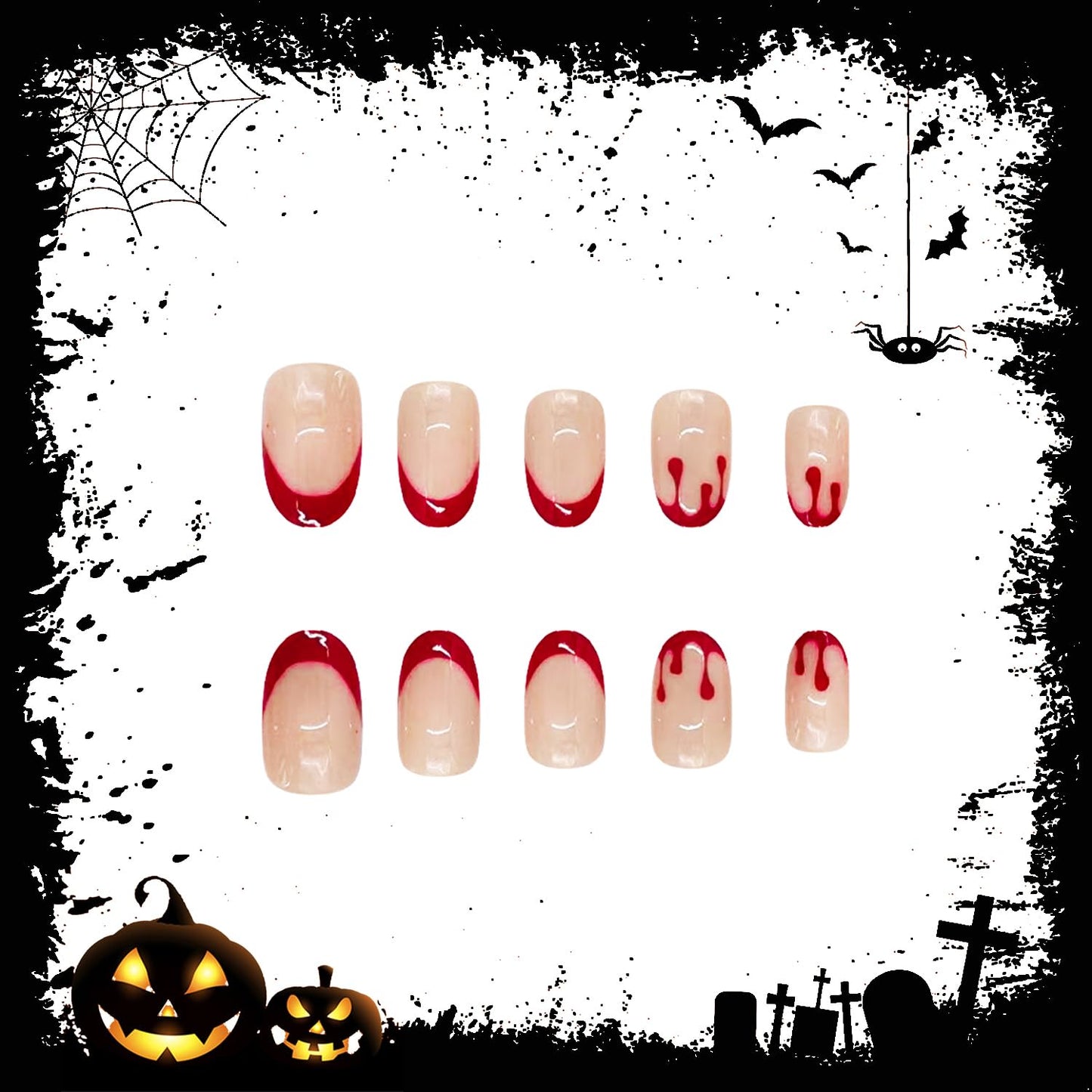 Halloween Red Blood French Tip Almond Press Nails