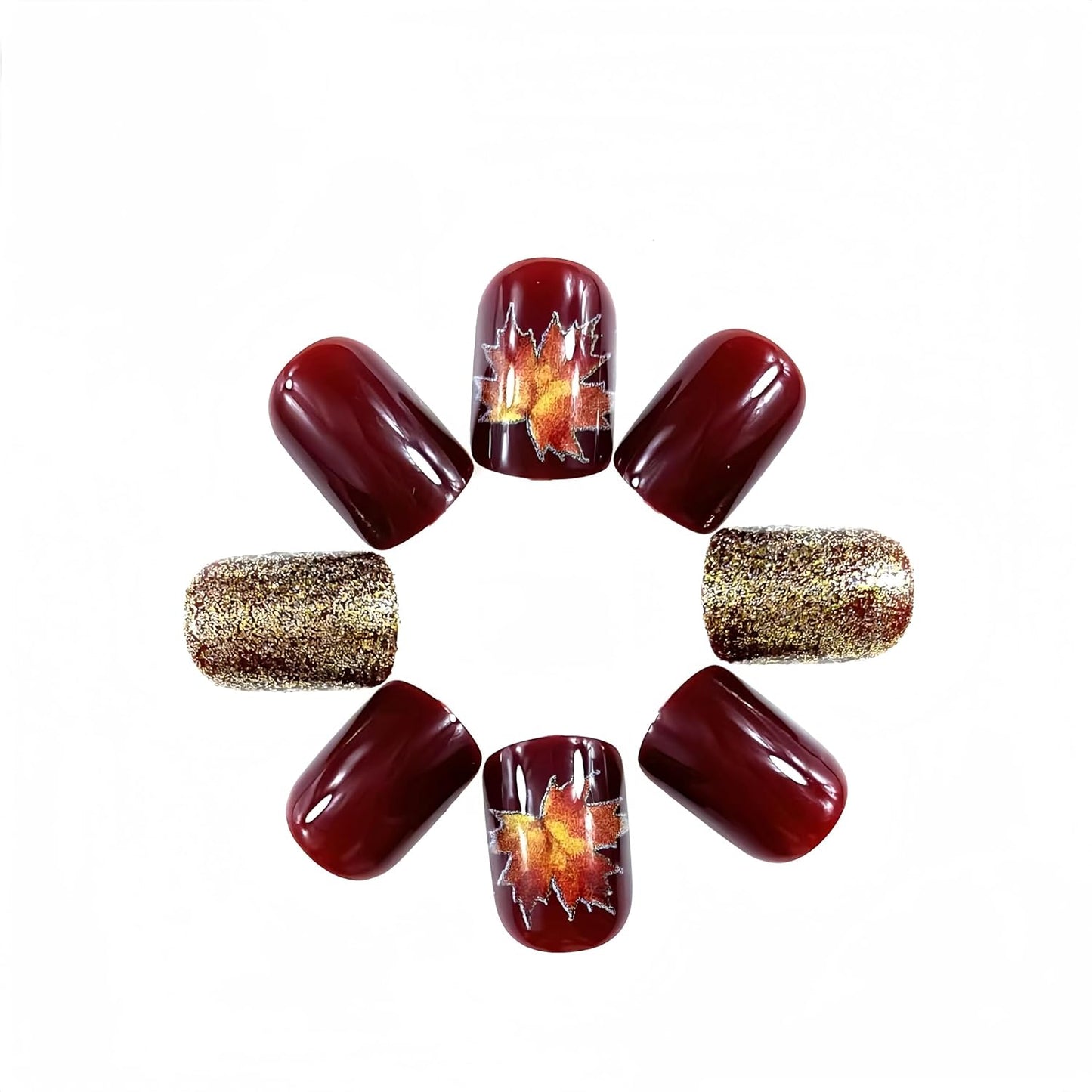 Wine Red Gold Maple Leaf Fall Press Nails