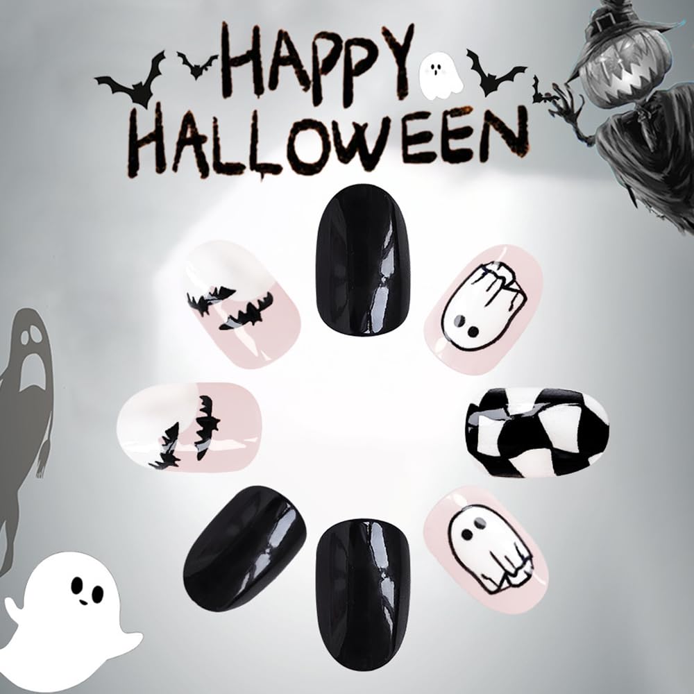 Halloween Ghost Bat Almond Press On False Nails