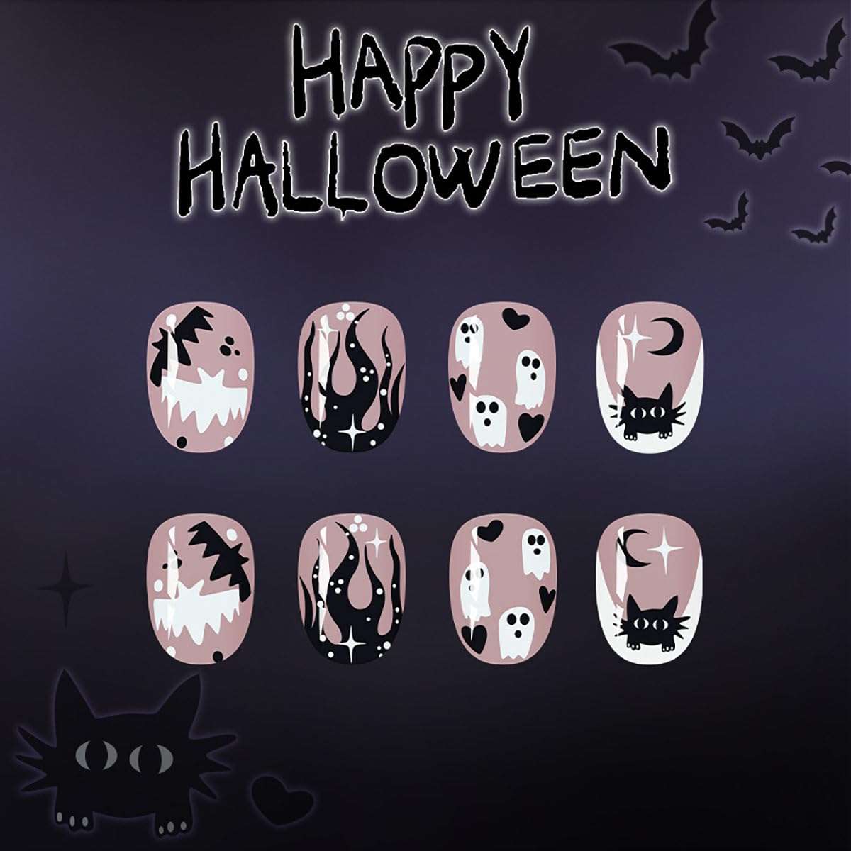 Halloween Short Almond Press On Nails Black Flame