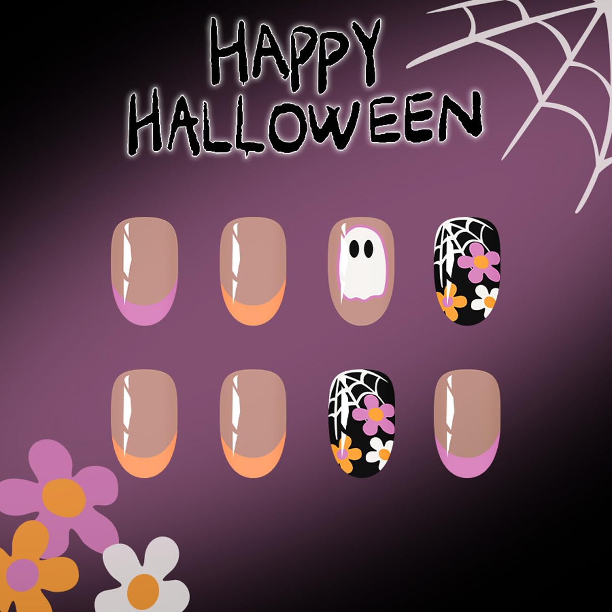 Halloween Ghost Bat Cobweb Almond Press On Nails