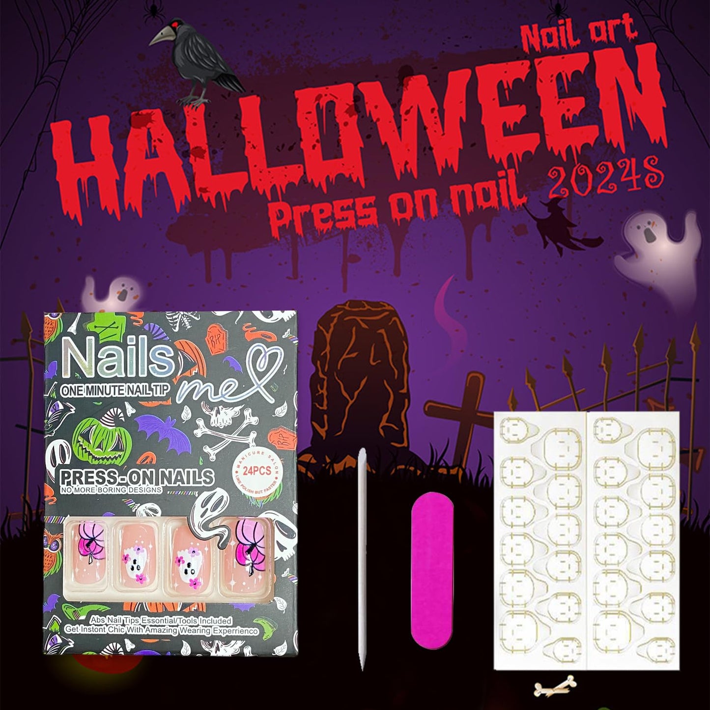 Cute Halloween Press On Nails Skull Ghost Pumpkin