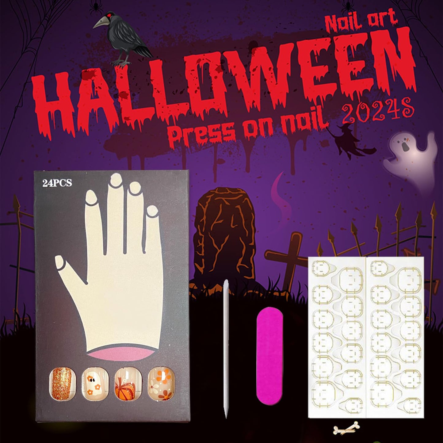 Medium Halloween Ghost Pumpkin Glitter Press On Nails