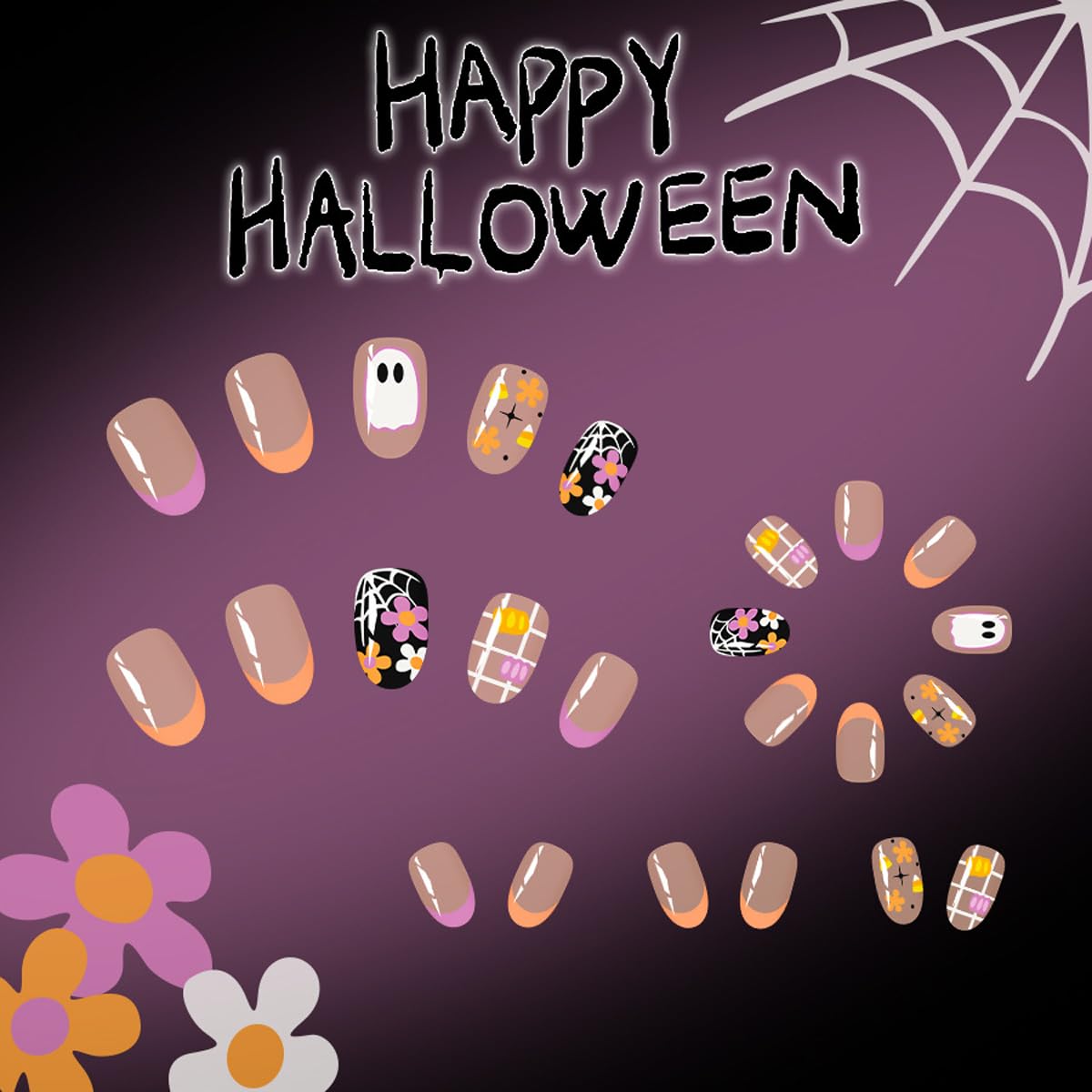 Halloween Ghost Bat Cobweb Almond Press On Nails