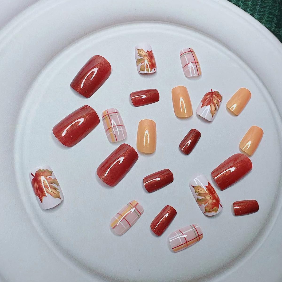 Maple Leaf Glitter Autumn Plaid Fall Press Nails