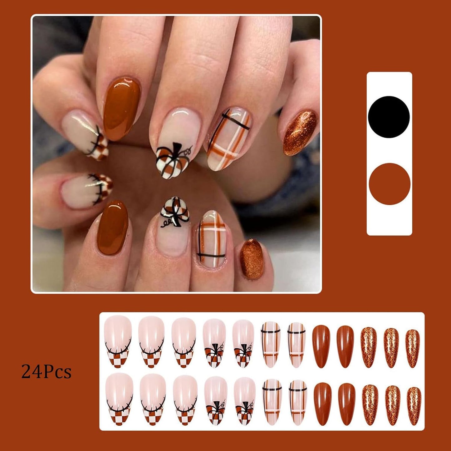 Autumn Brown Gold Glitter Pumpkin Press On Nails