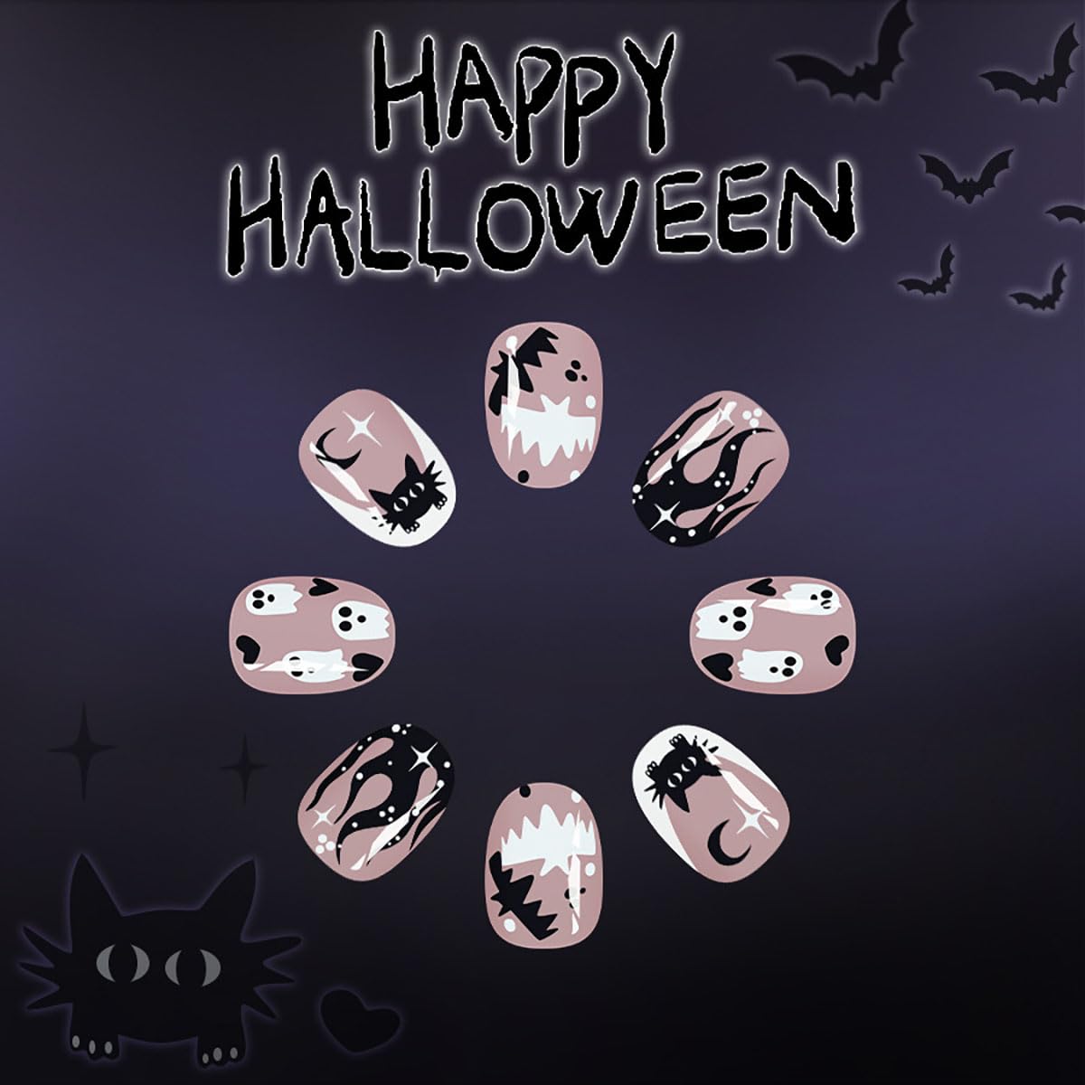 Halloween Short Almond Press On Nails Black Flame