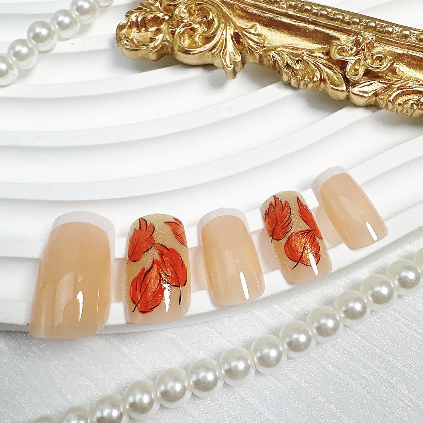 Glitter Maple Leaf French Tip Fall Press Nails