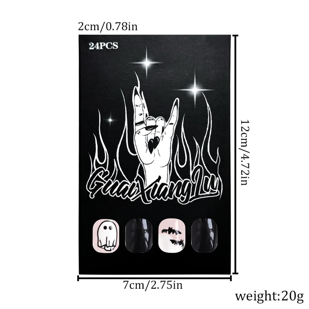 Halloween Ghost Bat Almond Press On False Nails