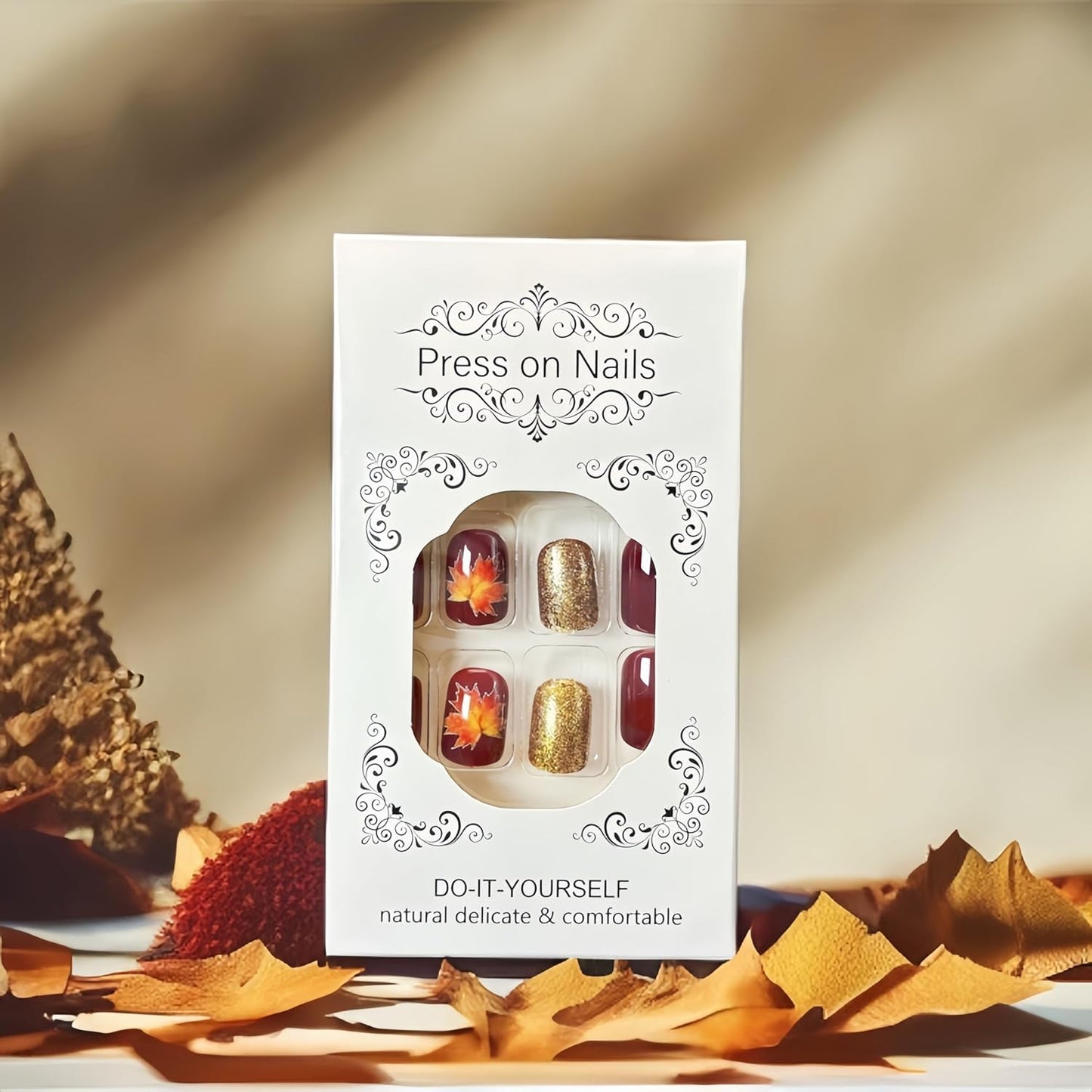 Wine Red Gold Maple Leaf Fall Press Nails