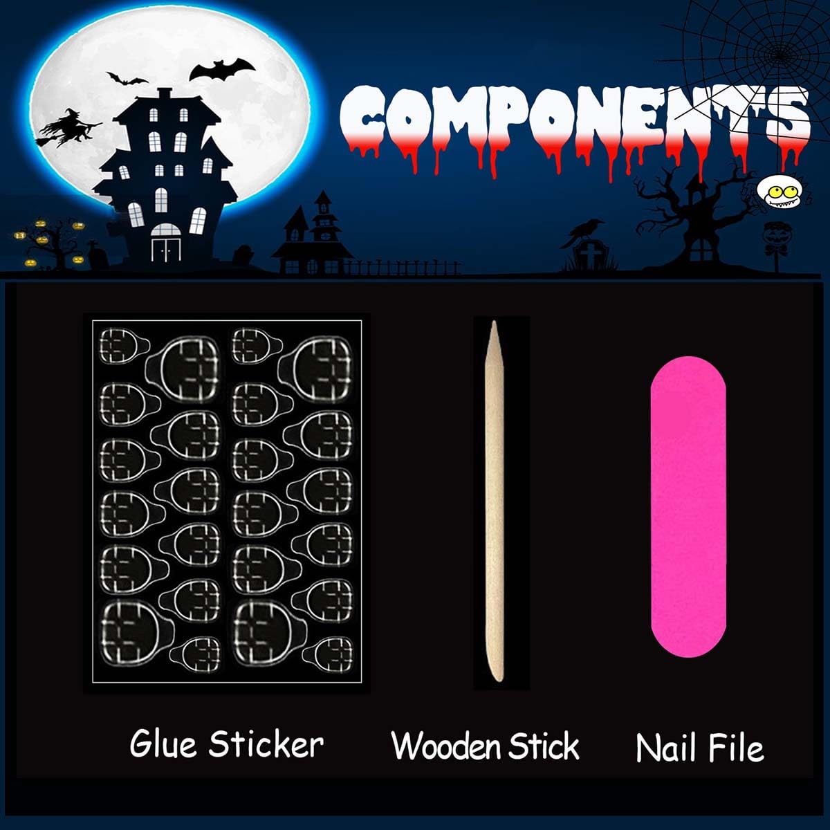 Halloween Ghost Bat Cobweb Almond Press On Nails