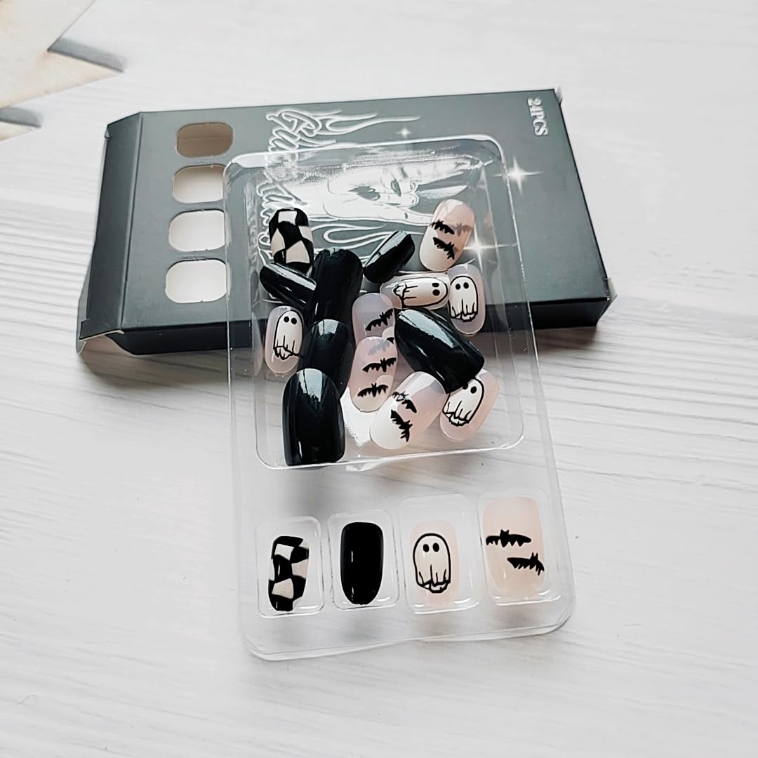 Halloween Ghost Bat Almond Press On False Nails