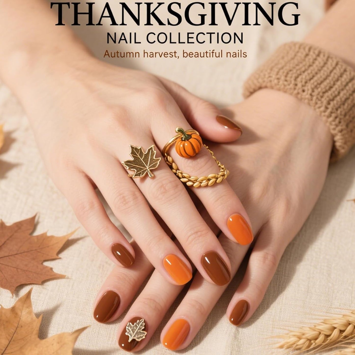Autumn Brown Gold Glitter Pumpkin Press On Nails