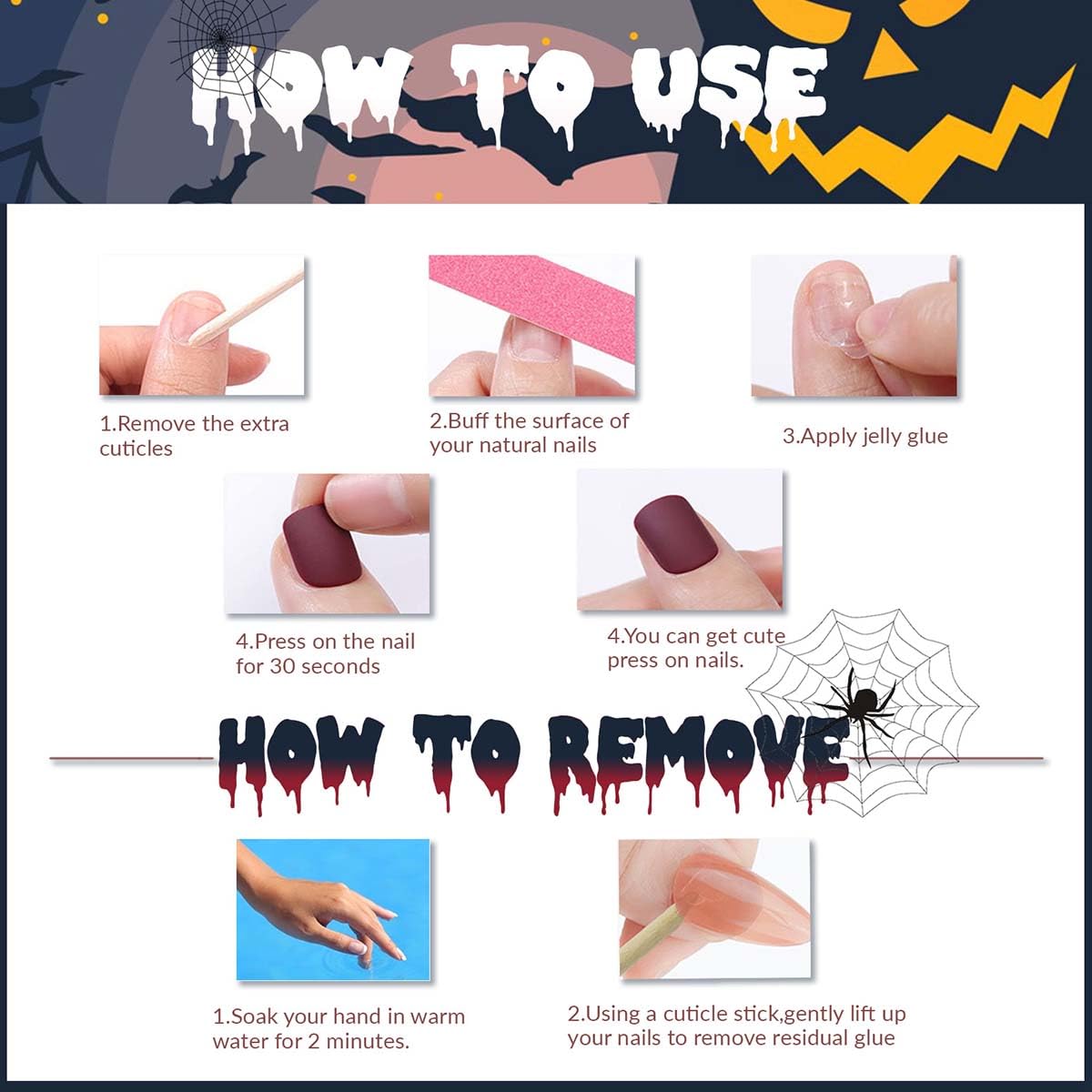 Halloween Ghost Bat Cobweb Almond Press On Nails