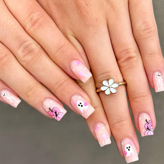 Cute Halloween Press On Nails Skull Ghost Pumpkin