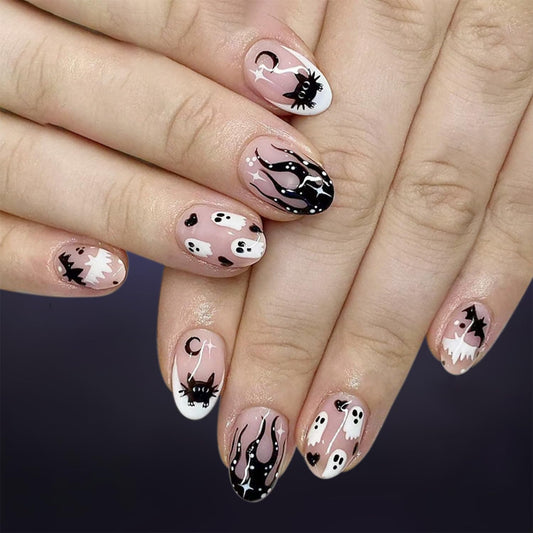 Halloween Short Almond Press On Nails Black Flame
