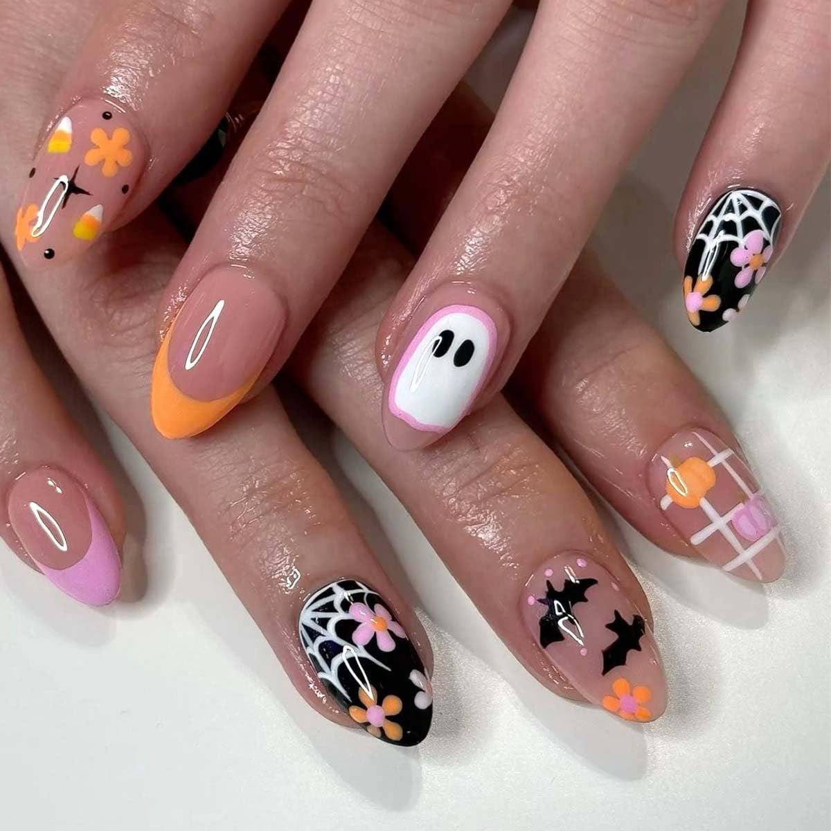 Halloween Ghost Bat Cobweb Almond Press On Nails