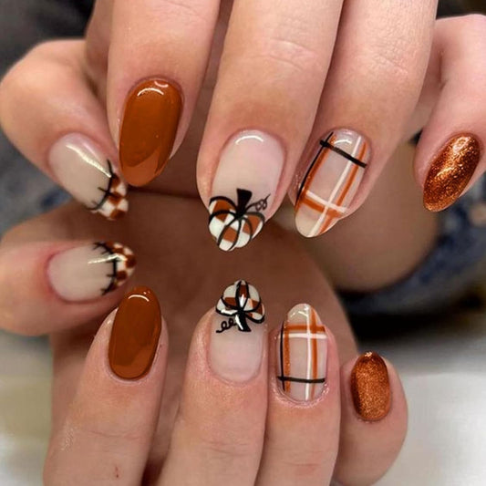 Autumn Brown Gold Glitter Pumpkin Press On Nails