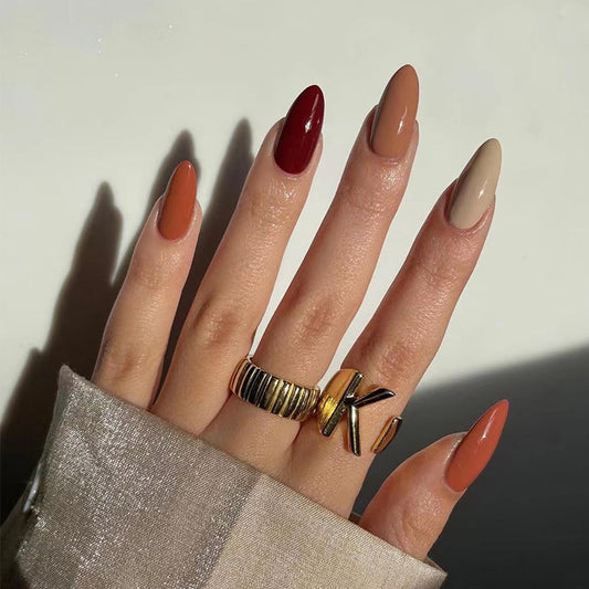 Autumn Almond Red Beige Orange Press On Nails