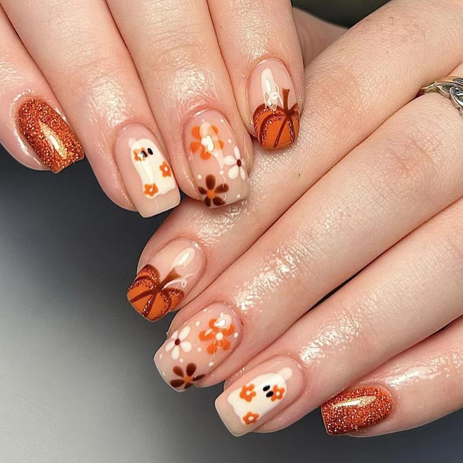 Medium Halloween Ghost Pumpkin Glitter Press On Nails