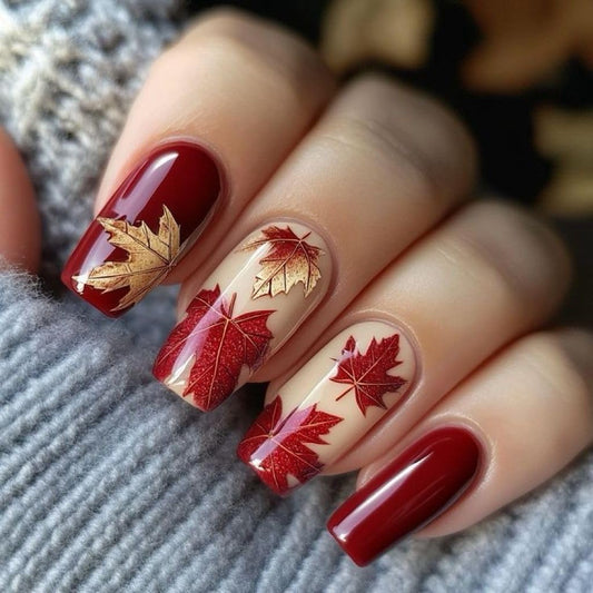 Autumn Maple Leaf Yellow Red Press On Nails