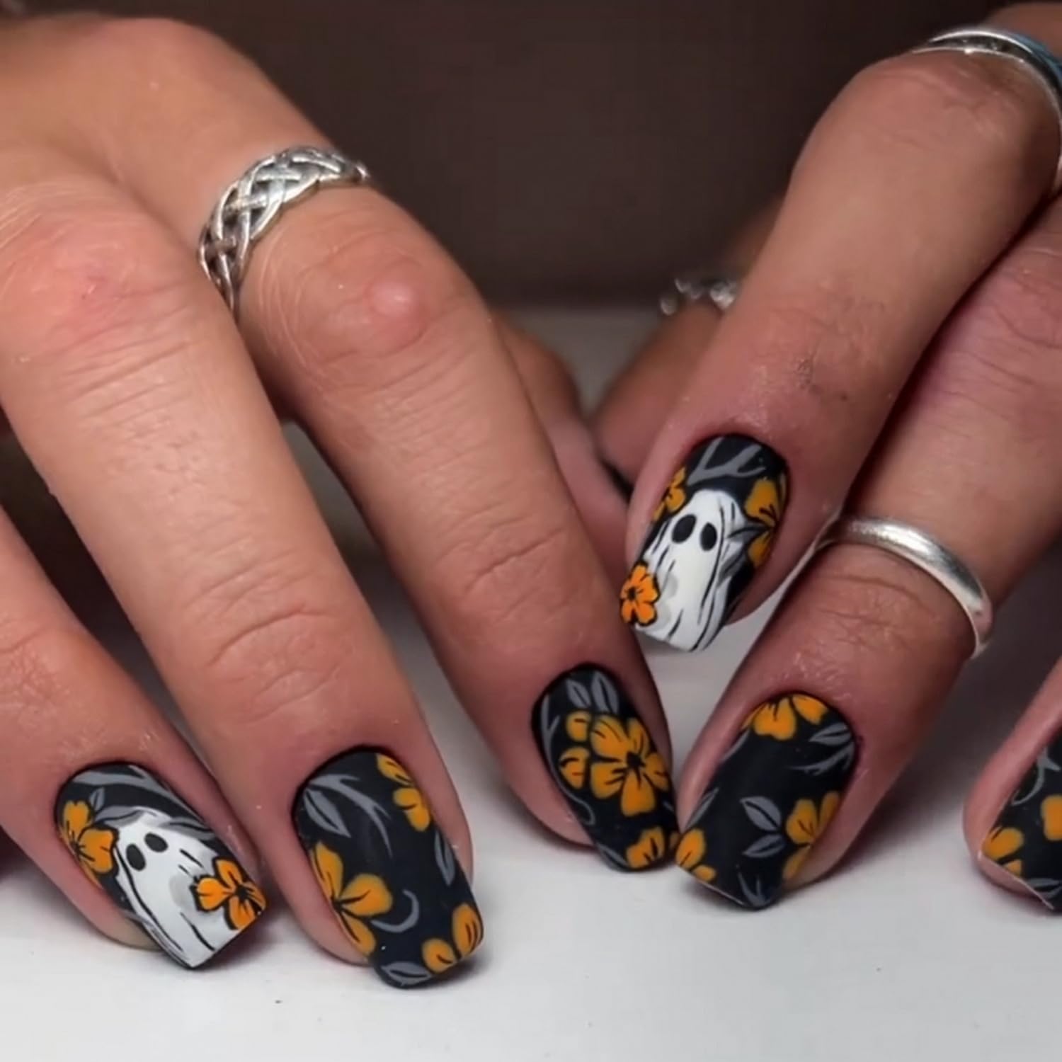 Halloween Ghost Press On Nails Yellow Flower Design