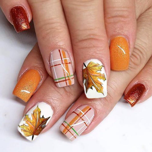 Maple Leaf Glitter Autumn Plaid Fall Press Nails