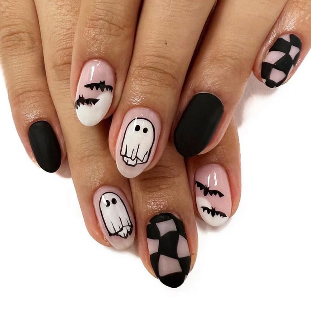 Halloween Ghost Bat Almond Press On False Nails