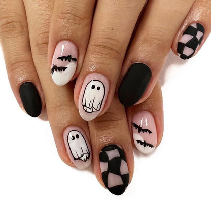Halloween Ghost Bat Almond Press On False Nails