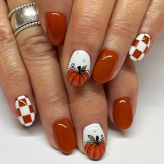 Autumn Pumpkin Plaid Short Square Press On Nails