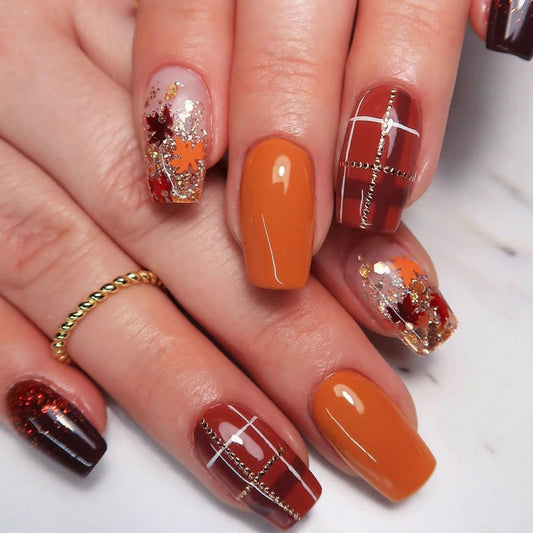 Autumn Maple Leaf Brown Red Press On Nails