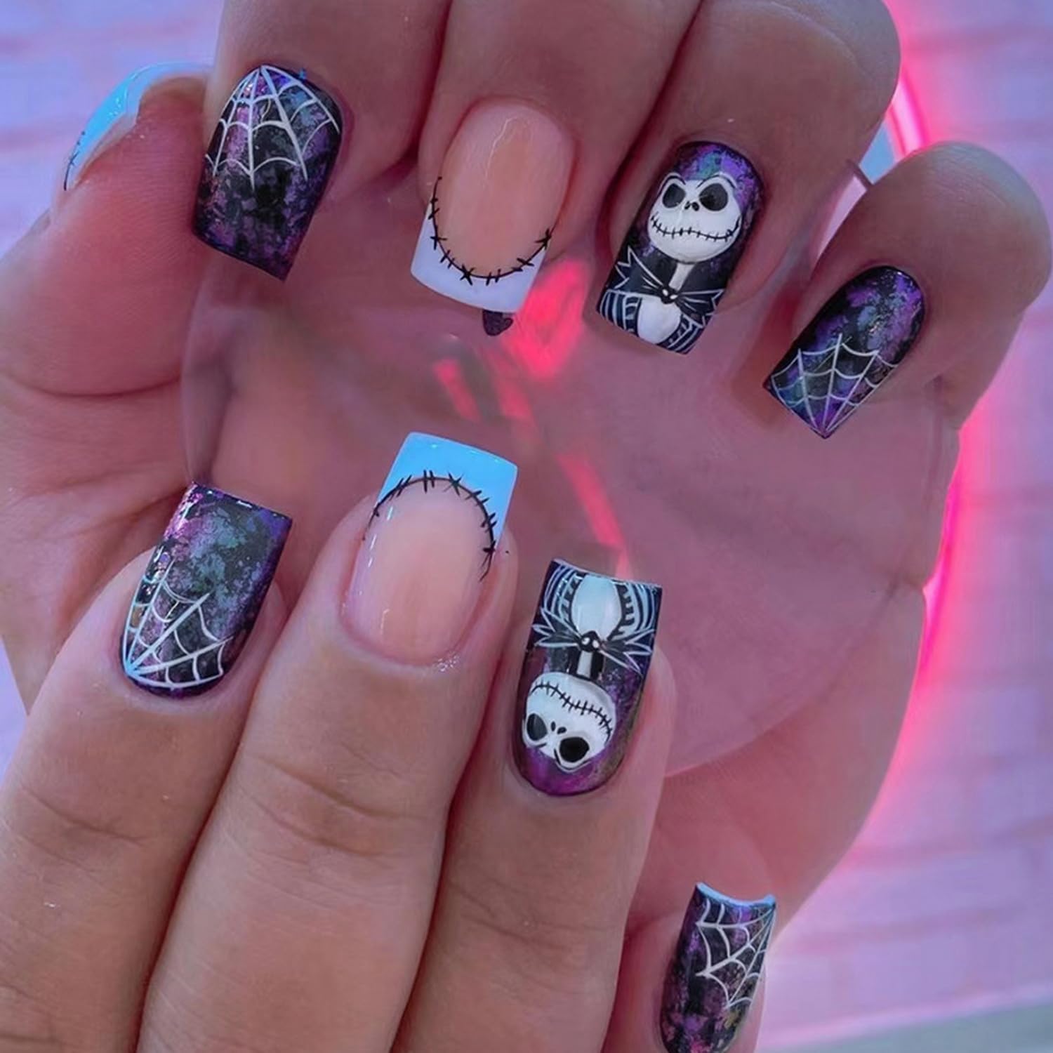 Halloween Spider Web Square French Tip Press Nails