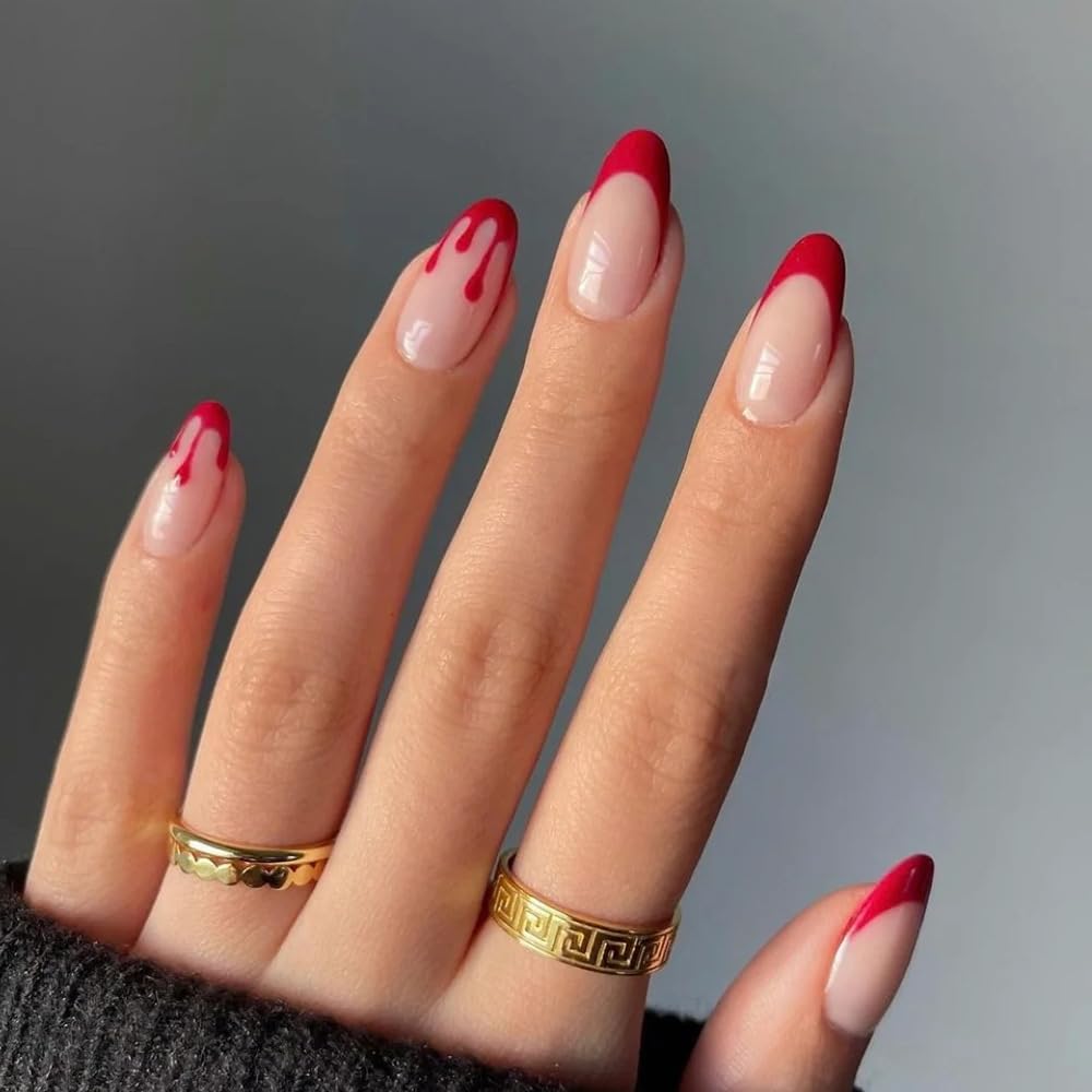 Halloween Red Blood French Tip Almond Press Nails