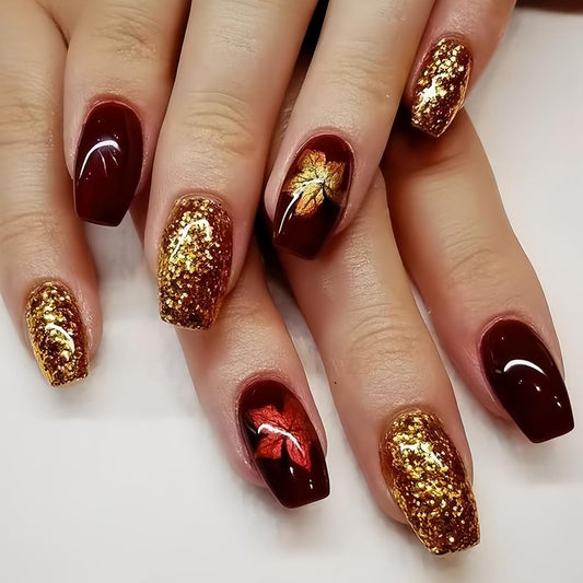 Wine Red Gold Maple Leaf Fall Press Nails