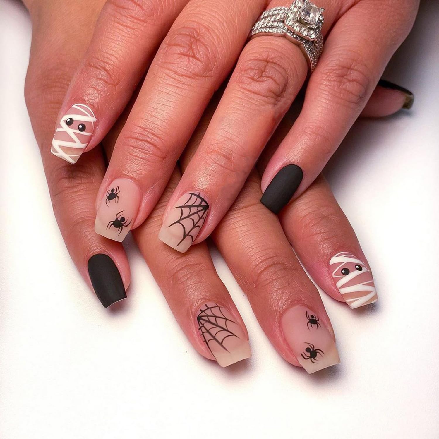 Black Halloween Press On Nails Spider Web Design