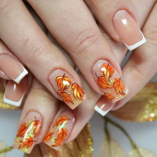 Glitter Maple Leaf French Tip Fall Press Nails