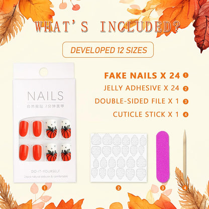 Autumn Pumpkin Plaid Short Square Press On Nails