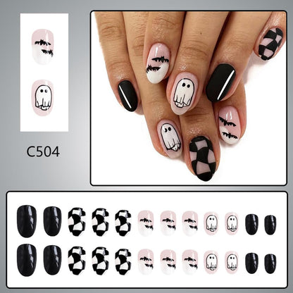 Halloween Ghost Bat Almond Press On False Nails